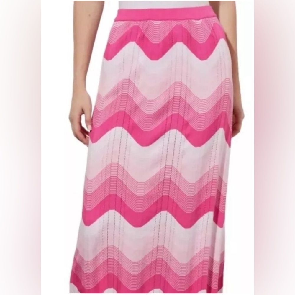 Ming Wang Knit Pink Chevron A-Line Coastal Maxi Beach Skirt Summer Flowy Bold